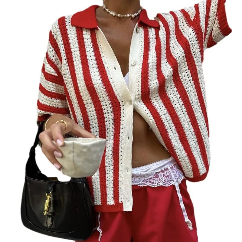 Striped Lapel Cardigan Women's Spring Summer 2025 New Button Knitted Contrast Short-sleeved Cardigan Street Women's Clothing - Smarsty