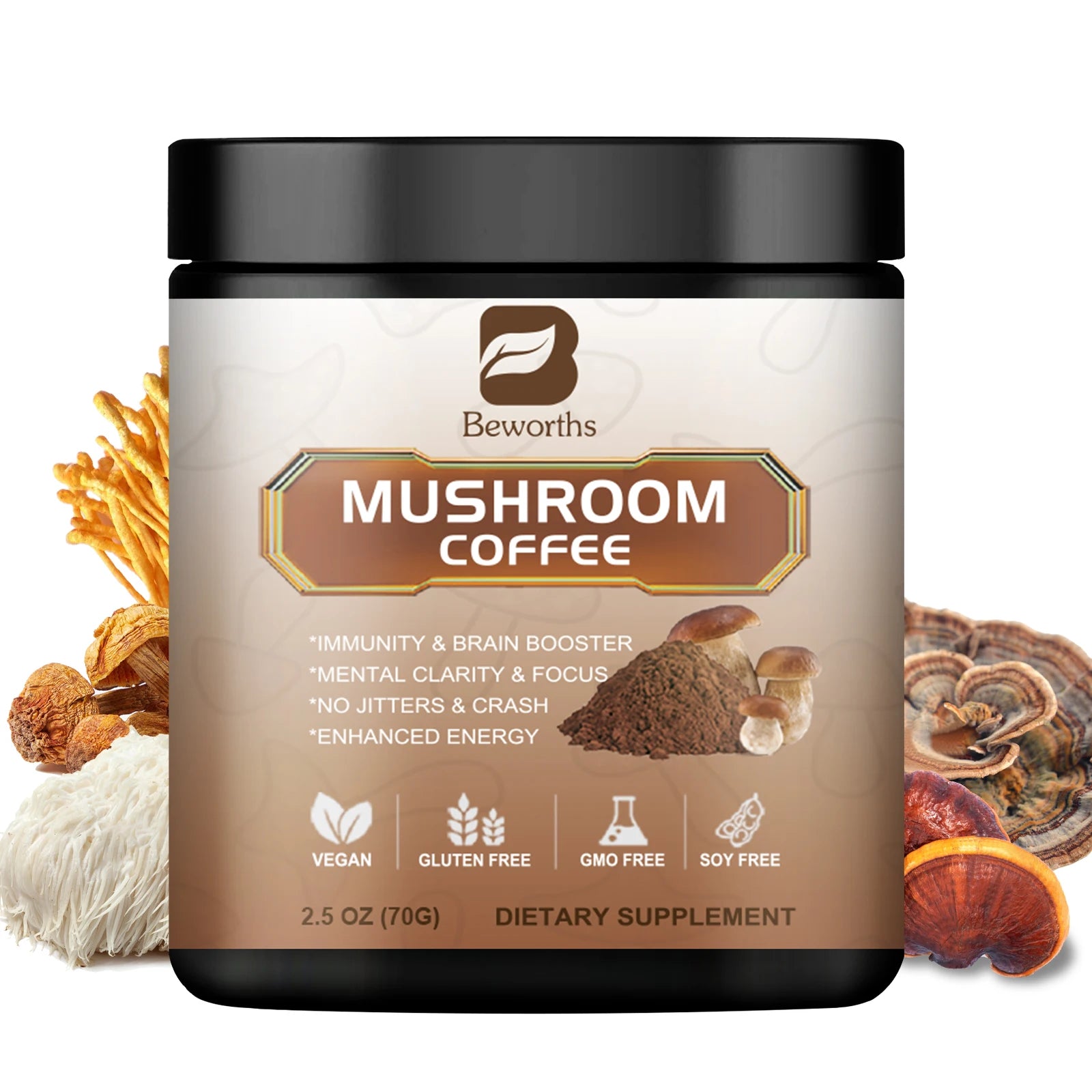Mushroom Coffee 10 Mushroom Extract - Lion's Mane, Cordyceps, Reishi, Turkey Tail, Chaga, Maitake for energy and immune support - Smarsty