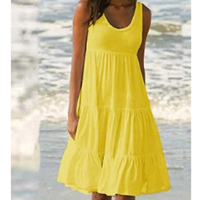 Bohemian Women's Casual O Neck Sleeveless Ruffle Mini Dress Solid Color Beach Tank Top Oversized Loose Dress Plus Size Women3029 - Smarsty