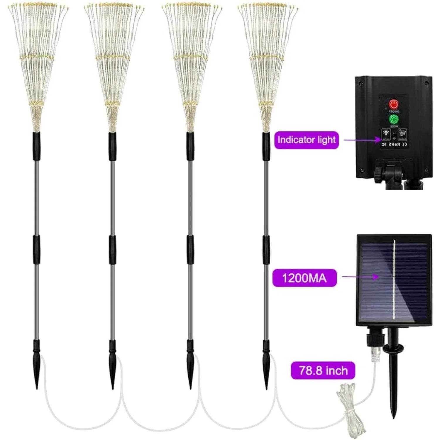 4 Pack Solar Firework String Lights - IP65 Waterproof 8 Modes w/Remote, Outdoor Christmas Decor for Garden/Patio/Party