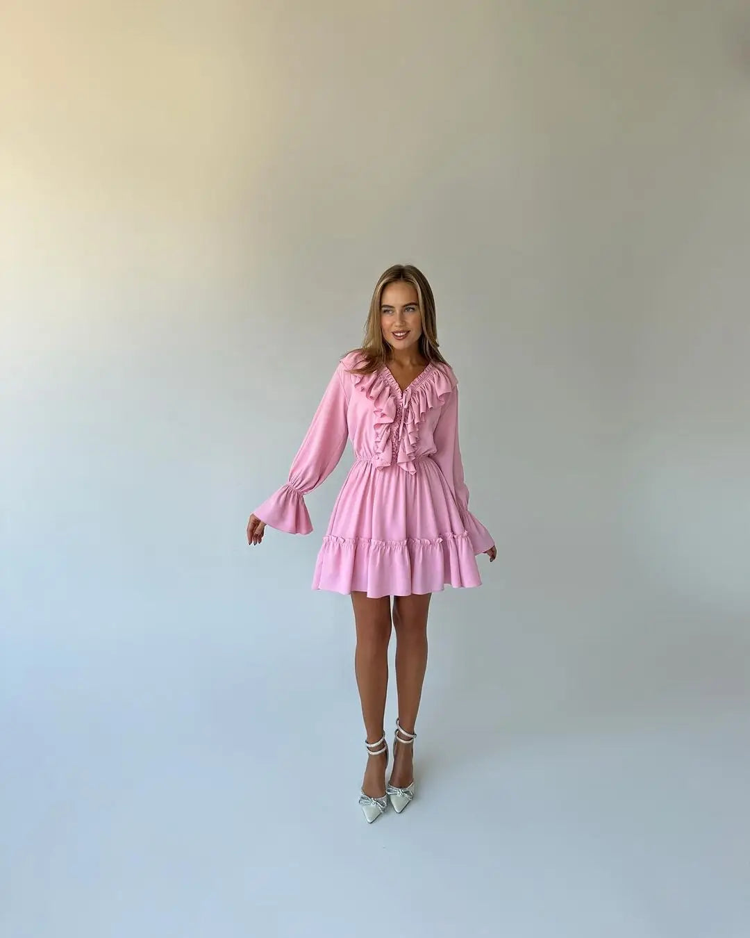Tossy Ruffled V-Neck White Mini Dress Female Patchwork Long Sleeve Elegant Bandage Fashion Dress High Waist Lace-Up Women Dress - Smarsty