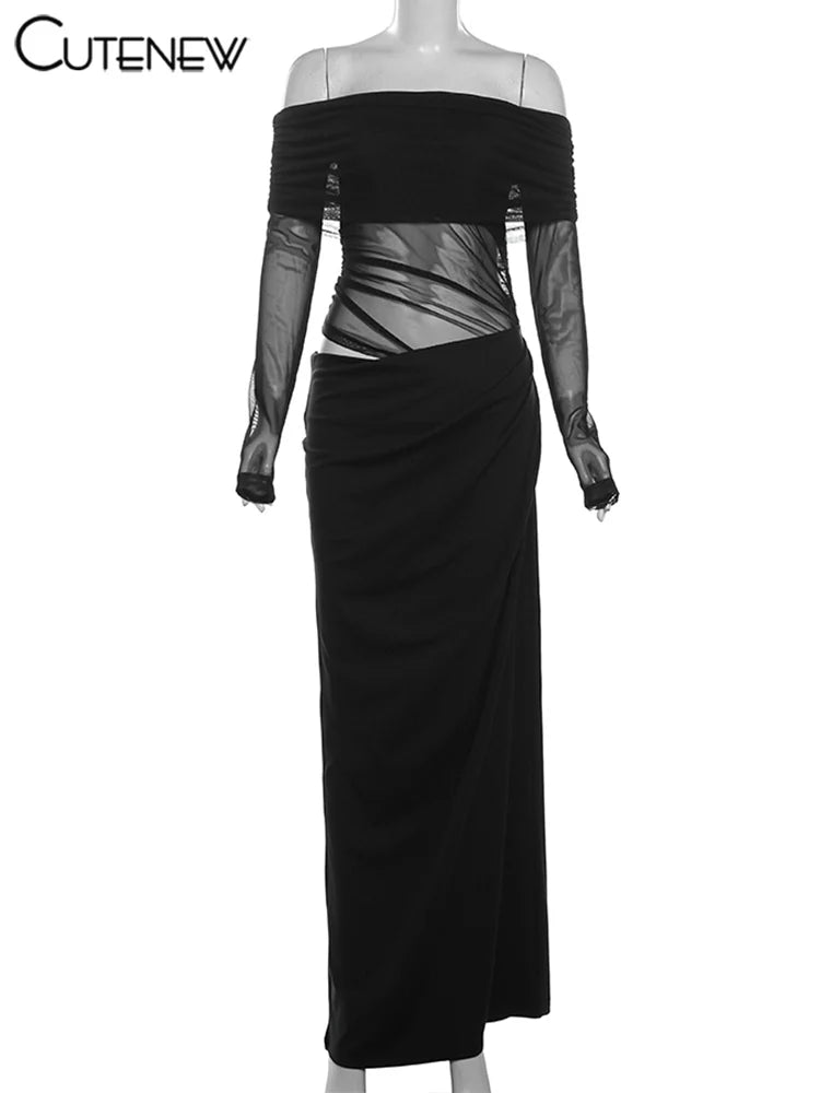 Cutenew Mesh Ruched Women Maxi Dress Sexy See Through Off Shoulder Long Sleeve Sheath Vestidos Female Midnight Party Solid Robe - Smarsty