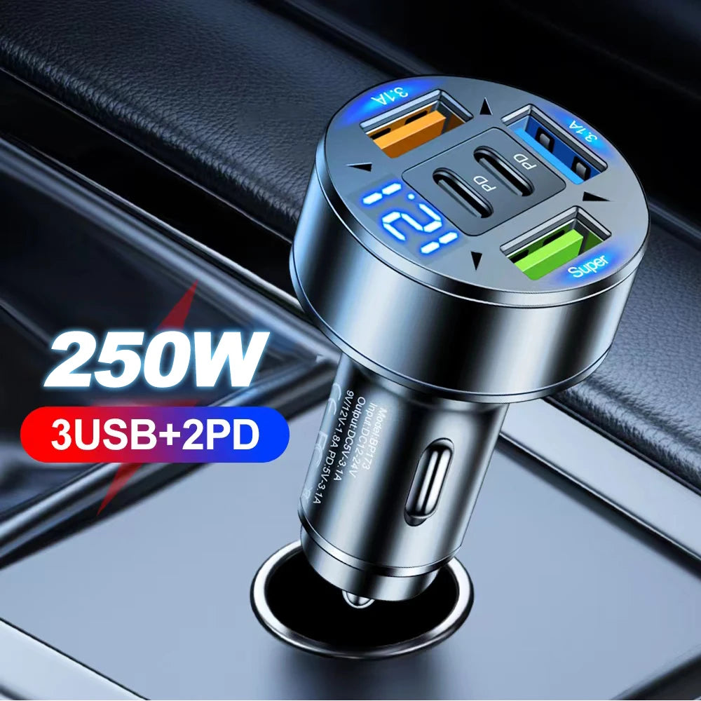 250W 5 Ports Car Charger Fast Charging PD QC3.0 USB C Car Phone Charger Adapter With Voltage For iPhone Samsung Huawei Xiaomi - Smarsty