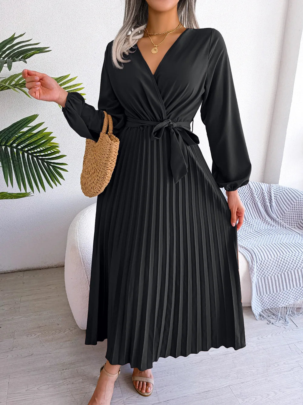 Women Elegant V Neck Long Sleeve Pleated Maxi Dress - Smarsty