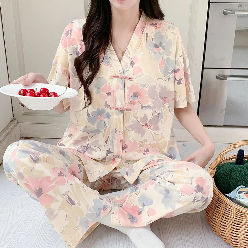 Pigma For Women Cotton Pajama Sleepwear Big Size Pajamas Nightwear Summer Women's Short Sleeved Long Pants Cardigan Pajama Set - Smarsty
