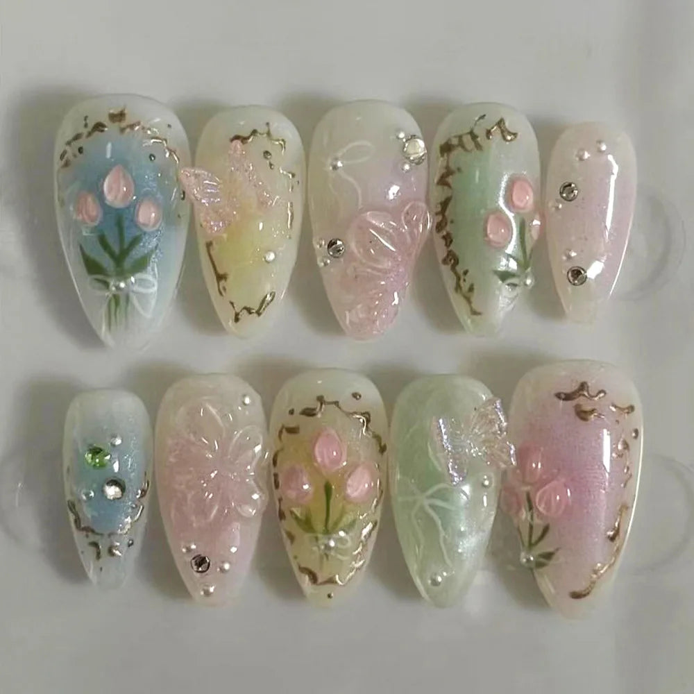 24 Piece Pink Almond Fake Nail Set With Bowknot Design - Smarsty
