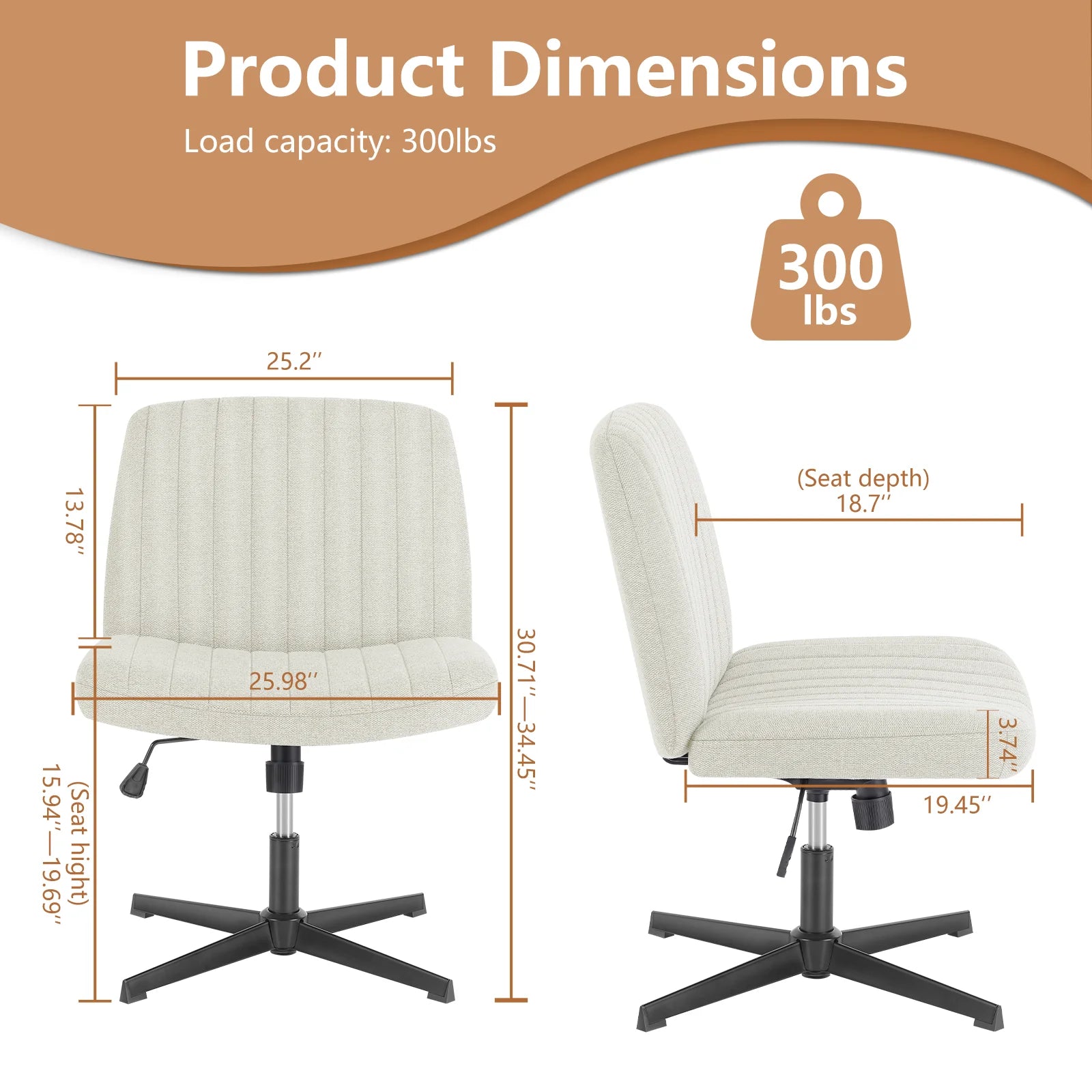 Cross Legged Office Living Room Rocking Gaming Chair Armless Wide Desk Adjustable Swivel Fabric Task Vanity Home Office