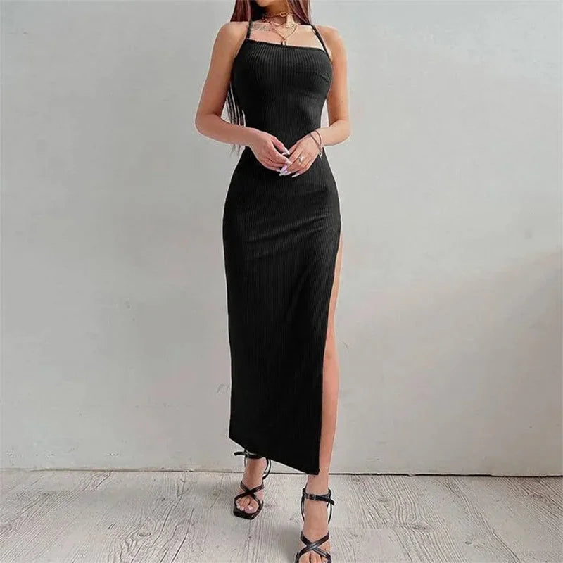 Sexy Black Long Bodycon Dress Women Summer Sleeveless Blackless Halter Neck Spaghetti Strap Dresses High Split Vestidos - Smarsty