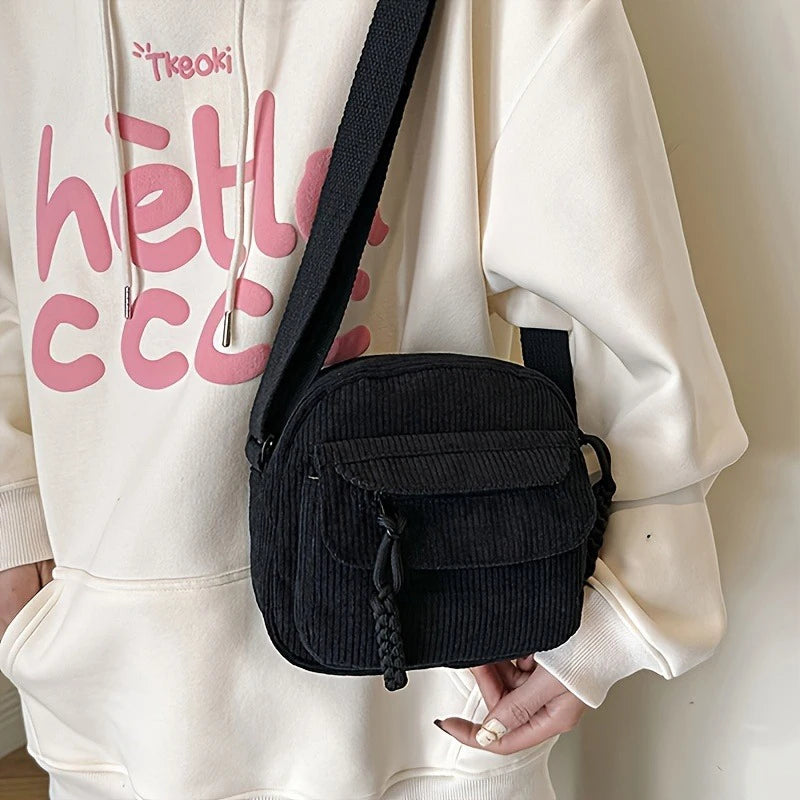 Corduroy Crossbody Bag Zipper Closure Adjustable Strap - Smarsty