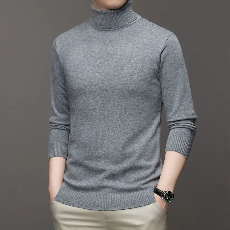 Autumn Mens High Quality Knitted Turtleneck Sweater Slim Fit Long Sleeve Anti-pilling Pullover Solid Color Trend Men Streetwea - Smarsty
