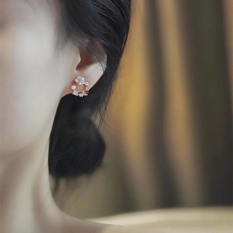 Pink Crystal Butterfly Pearl Stud Earrings For Women - Smarsty