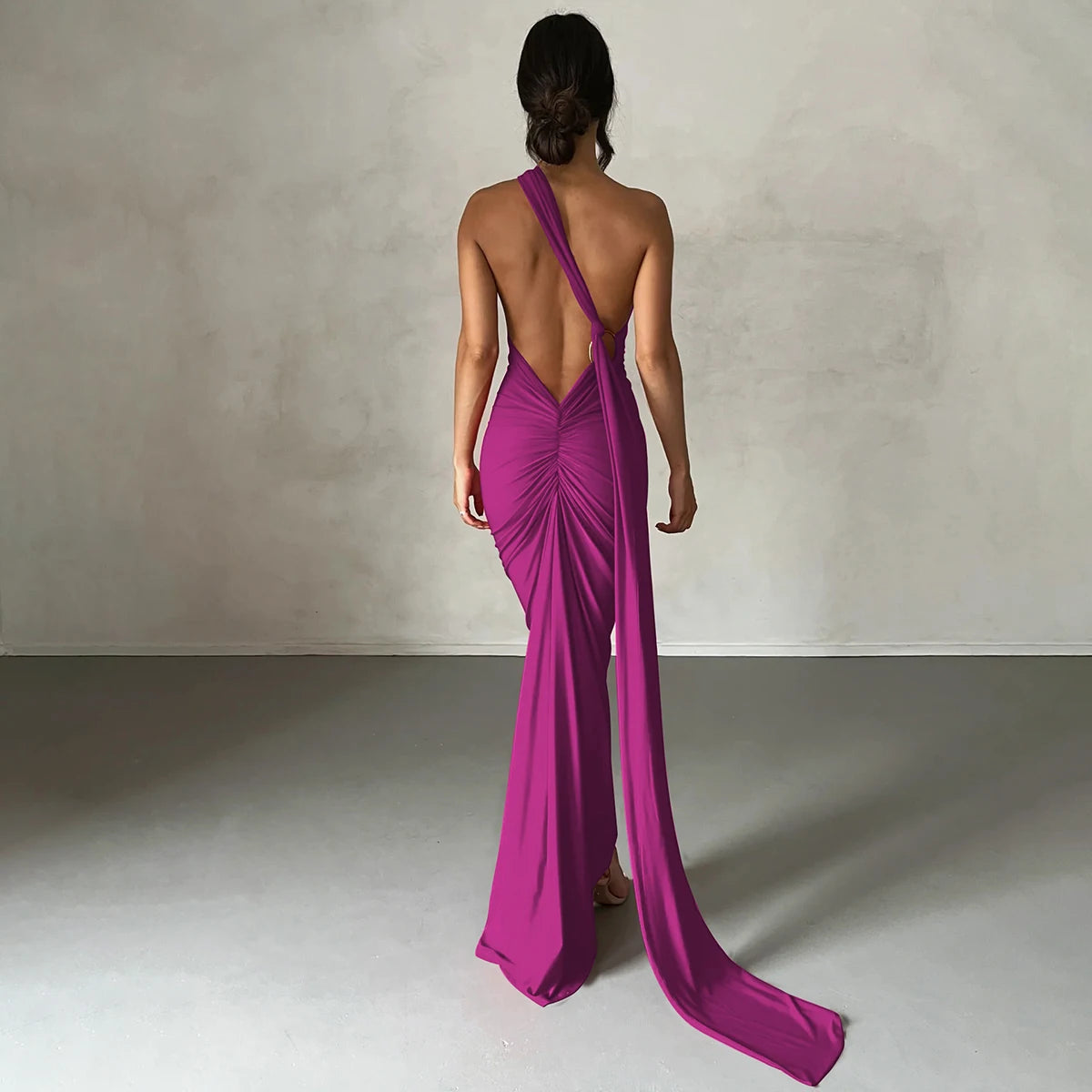 Hugcitar One Shoulder Backless Adjustable Scarf Loop Ruched Sexy Maxi Dress Women Elegant Y2K Streetwear Festival Outfit - Smarsty