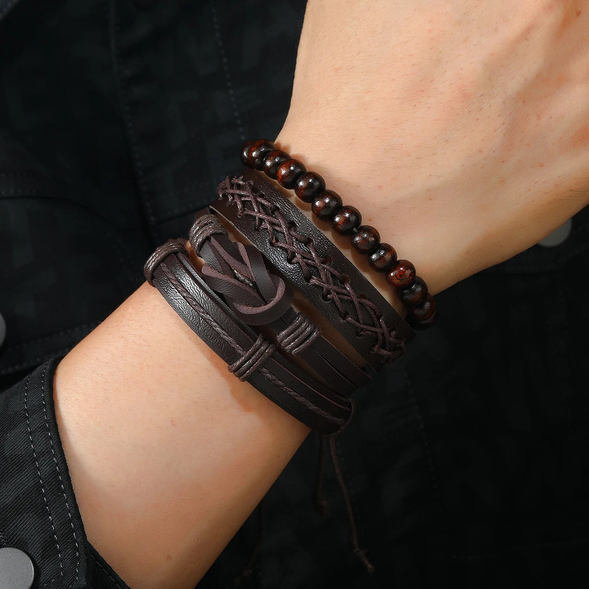 Vintage Leather Men Bracelet Woven Brown Wood Beads - Smarsty