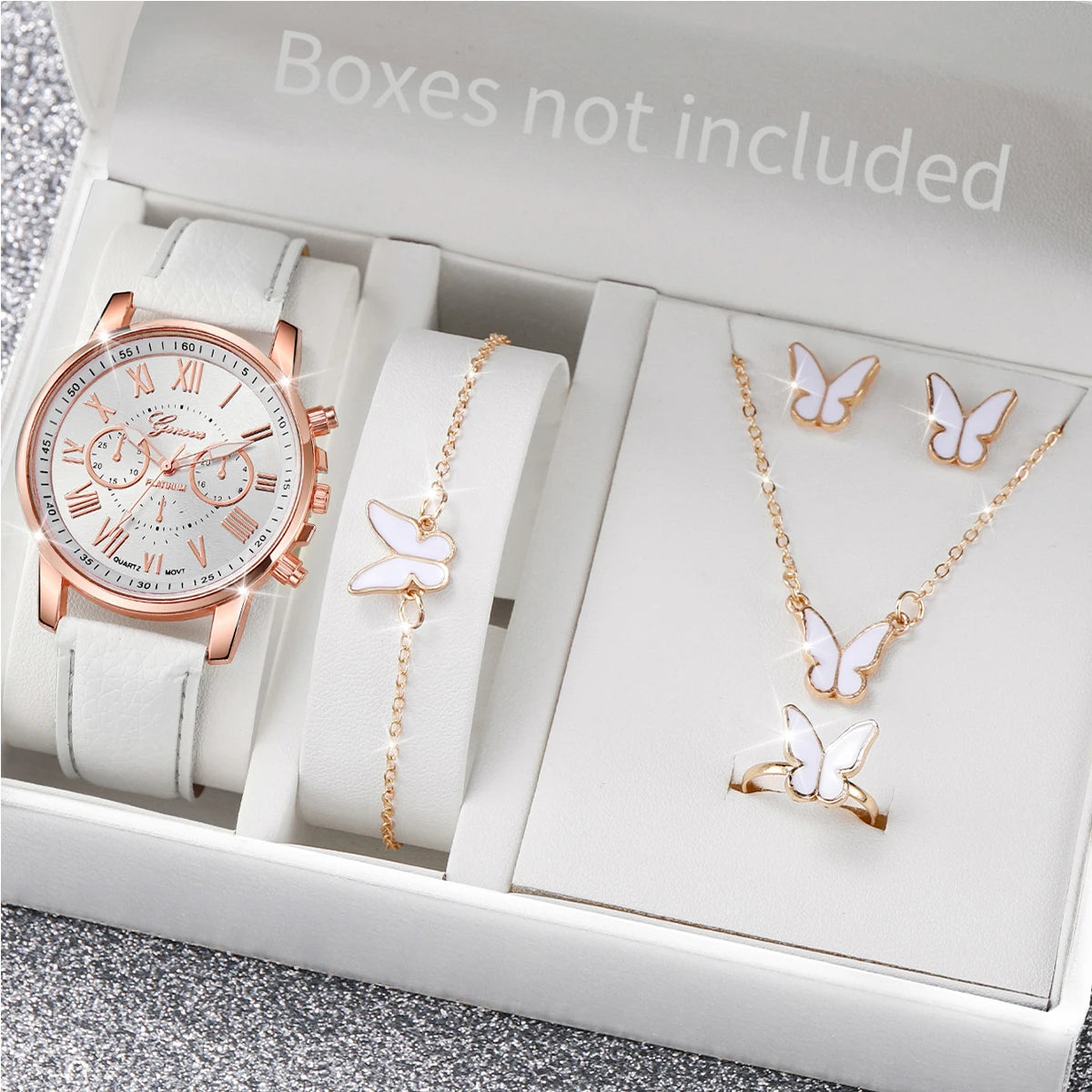 5/6PCS Fashion Women's Quartz Watch Leather Band Analog Wrist Watches Heart Rhinestone Jewelry Set(Without Box) - Smarsty