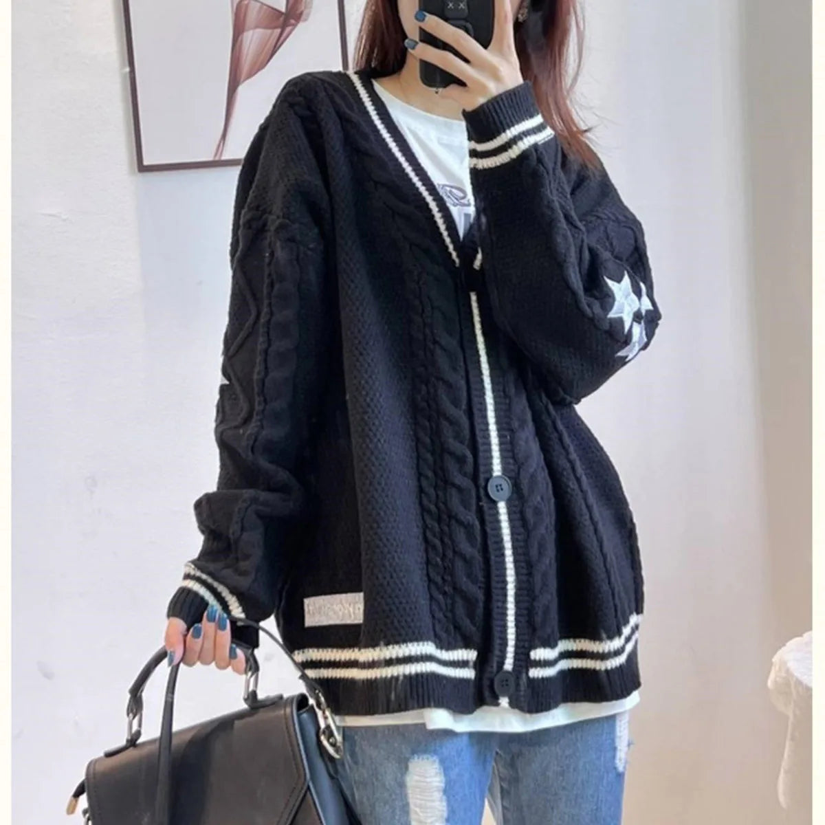 Women Winter Loose Knitted Cardigans Coat Star Embroidery Y2K Sweaters Streetwear Vintage Casual Single Breasted Long Sleeve Top - Smarsty