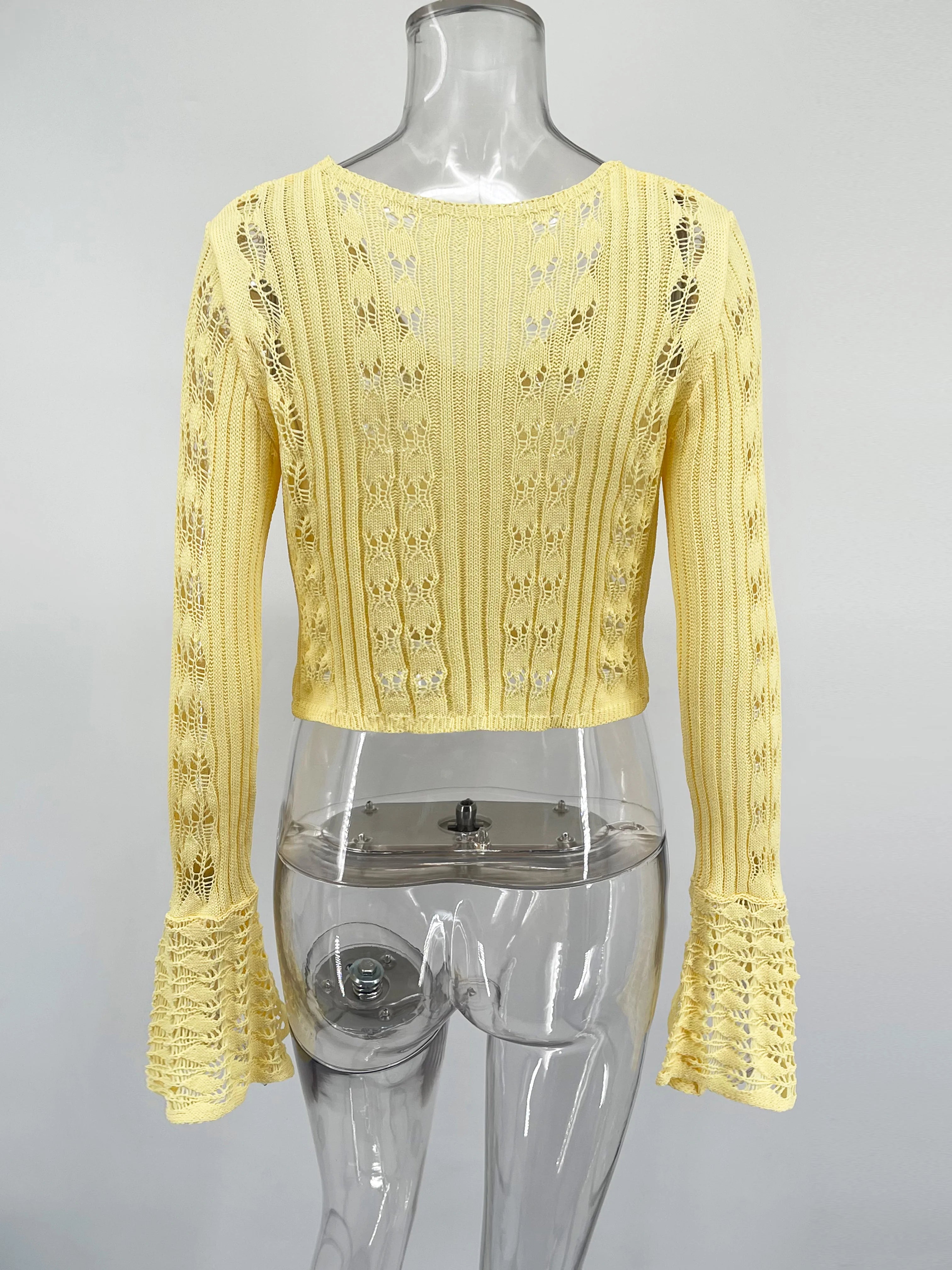 Tossy Knitwear Hollow Out Sweater Cardigan Women V-Neck Long Sleeve See-Through Cropped Top Summer Knit Patchwork Cardigan Top - Smarsty