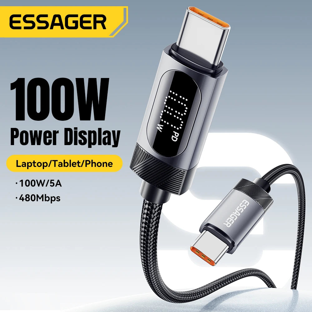 Essager Digital Dispaly USB C Cable For iPhone 17 16 15 Xiaomi Huawei 100W PD Fast Charging For Macbook iPad Type C to C Cable - Smarsty
