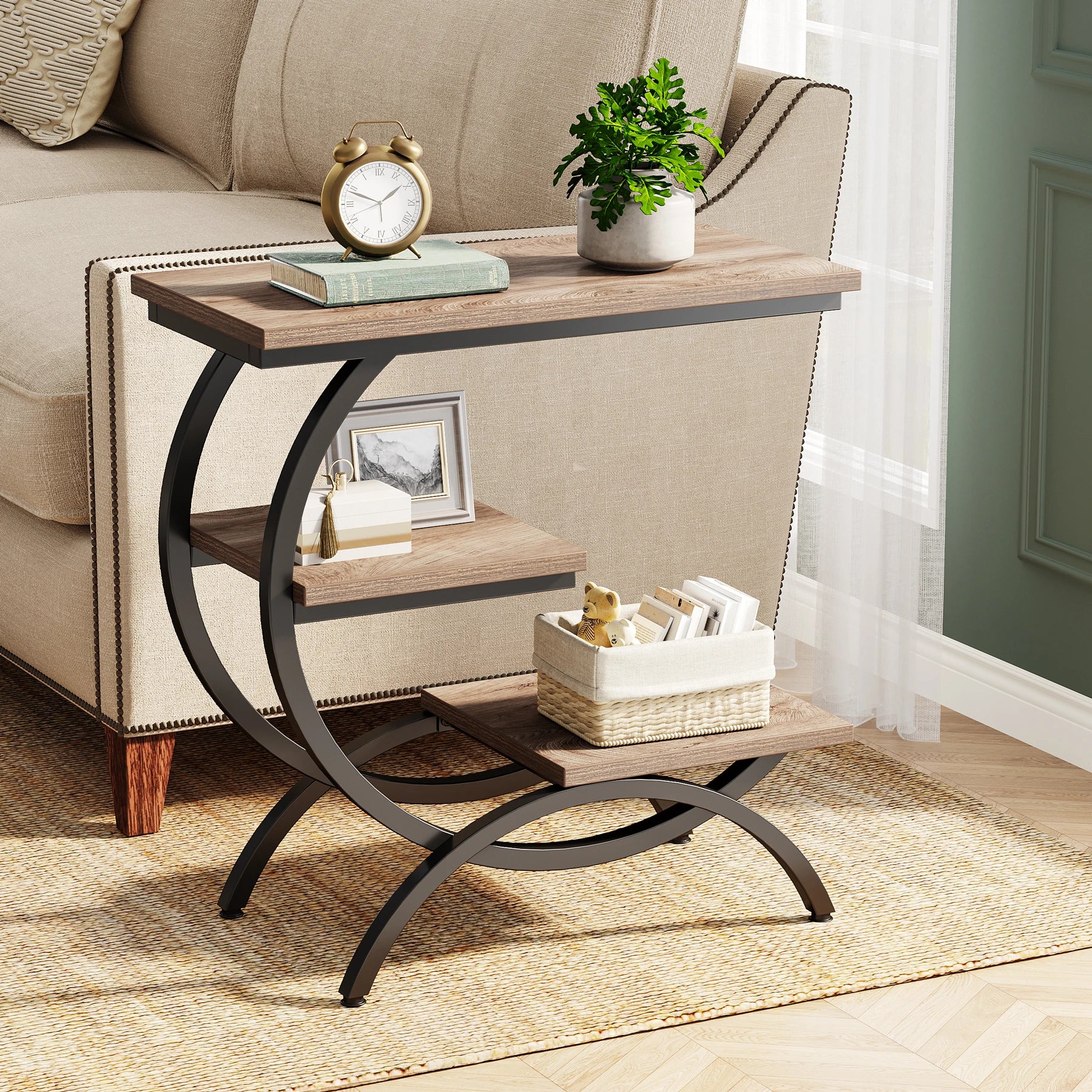 Tribesigns C-Shaped End Table, Industrial 3-Tier Small Table for Couch, Wood Bedside Table Snack Table with Storage Shelves