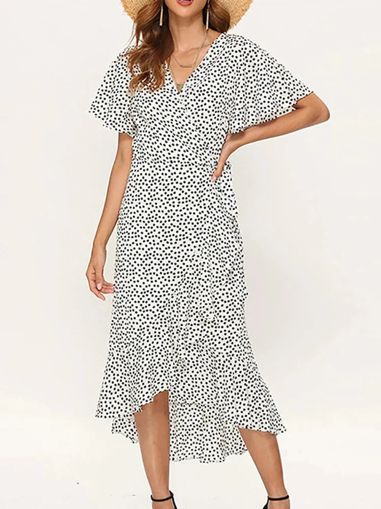 Summer Beach Maxi Dress Women Floral Print Boho Long Chiffon Dress Ruffles Wrap Casual V-Neck Split Sexy Party Dress Robe Femme - Smarsty