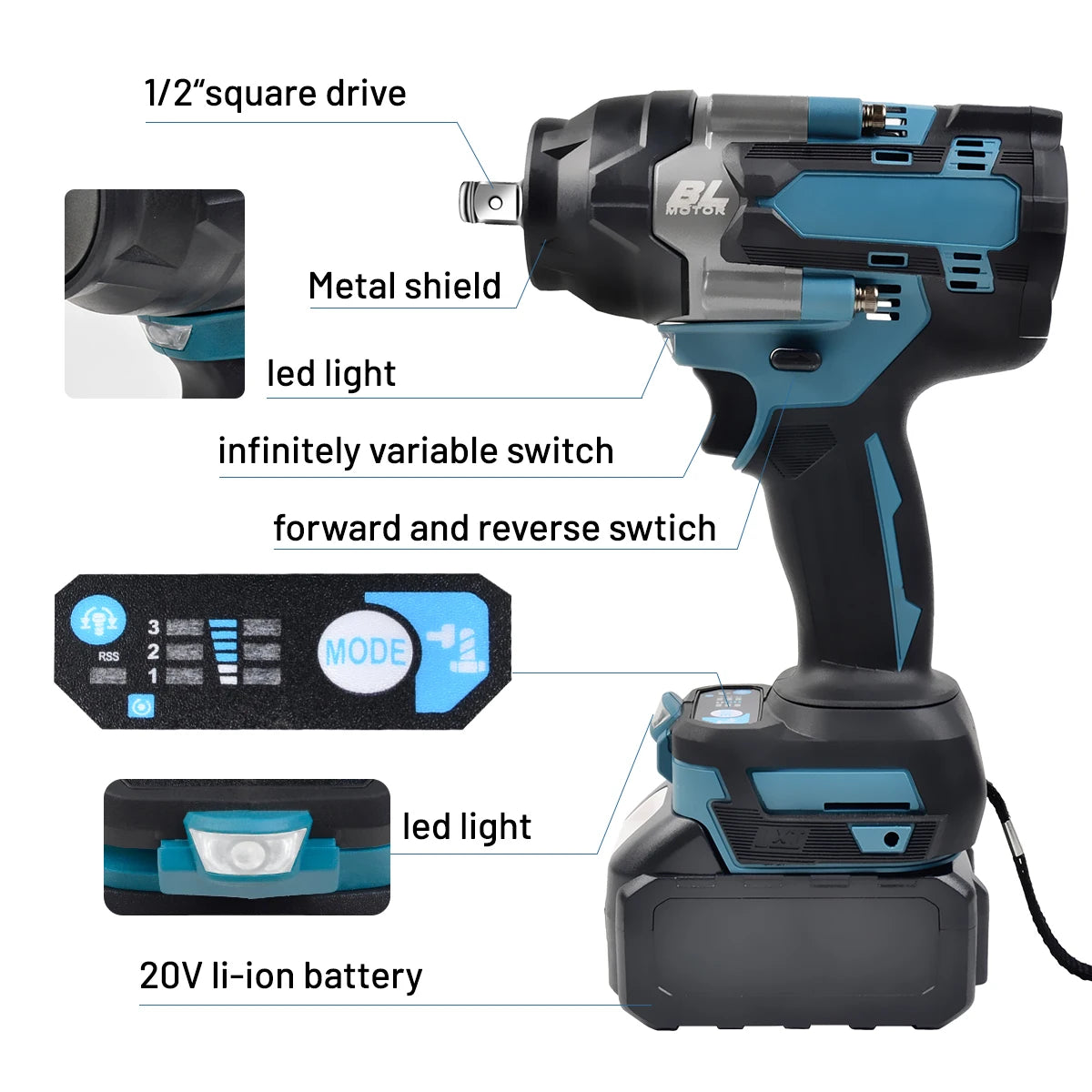 1200N.M Torque Brushless Electric Impact Wrench Cordless Power Tool - Smarsty
