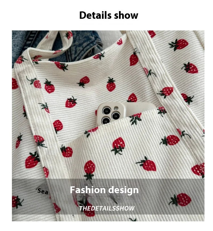 Corduroy Handbag Strawberries Beach Tote Large Capacity - Smarsty