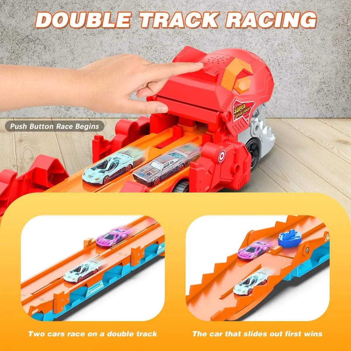 Dinosaur 3-In-1 Transport Truck Car Toys for Boys Age 3+ 8 Race Cars Ejection Folding Portable Track Toy with Sound for Kids