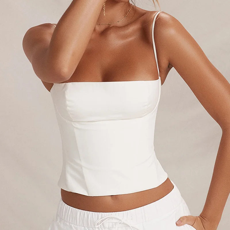 Summer Backless Zip Up Bustier Crop Tops Elegant Vintage Skinny Corset Tank Tops Y2K Women Chic Spaghetti Strap Camis Clubwear - Smarsty