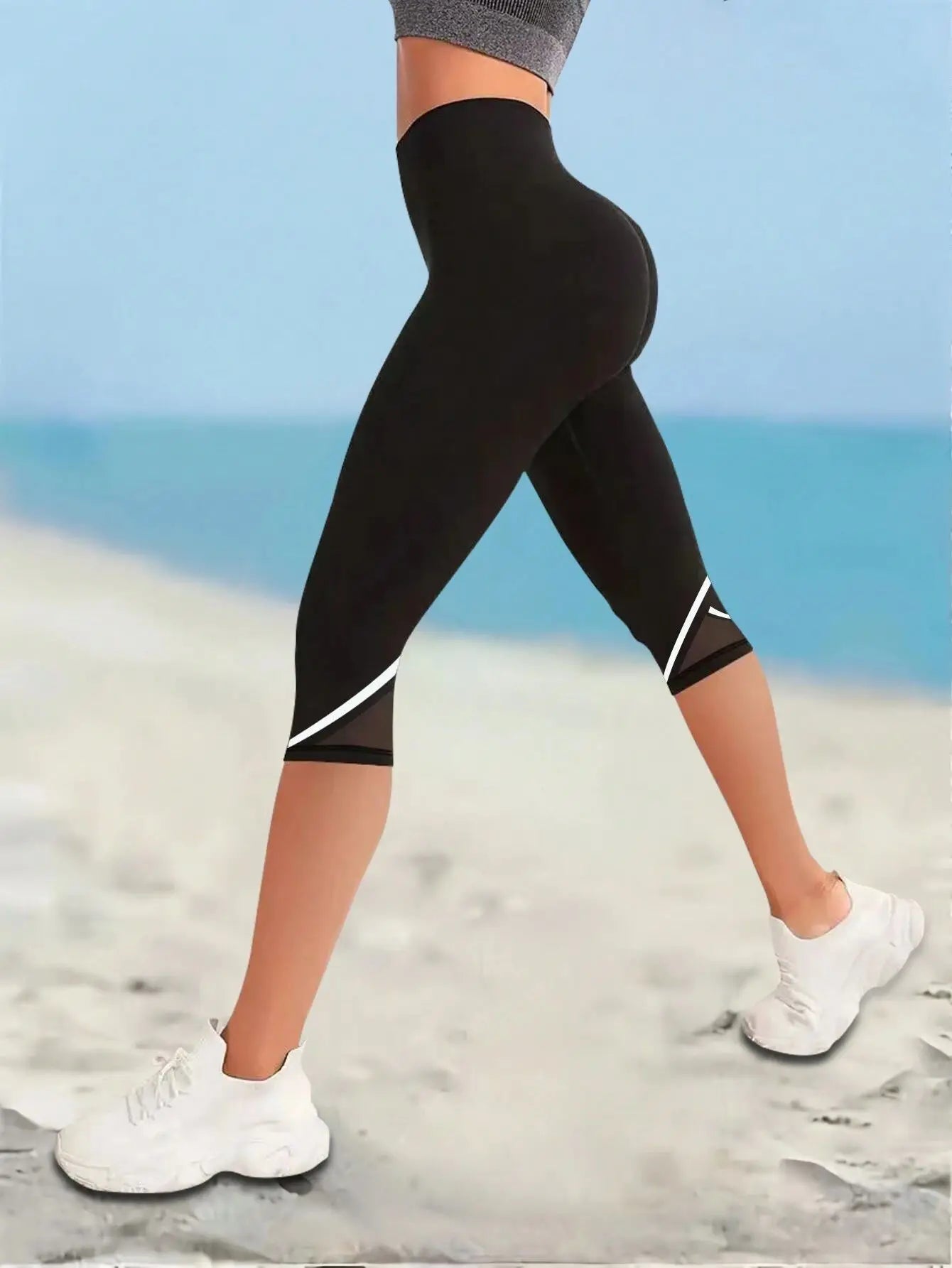 Mesh High Waist Yoga Pants Capri Leggings For Women, Tummy Control Workout Capri Leggings, Women's Activewear - Smarsty