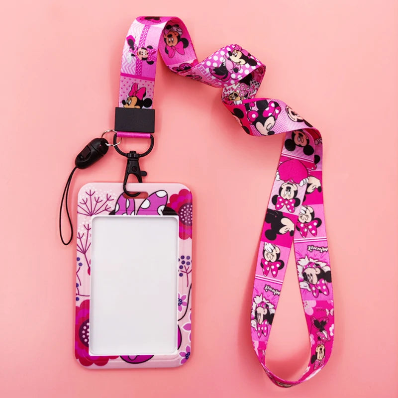 Disney Pink Lanyard ID Badge Holder Mickey Credit Card Case Neck Strap Minnie Card Holders Girl Credentials Accessories Keychain