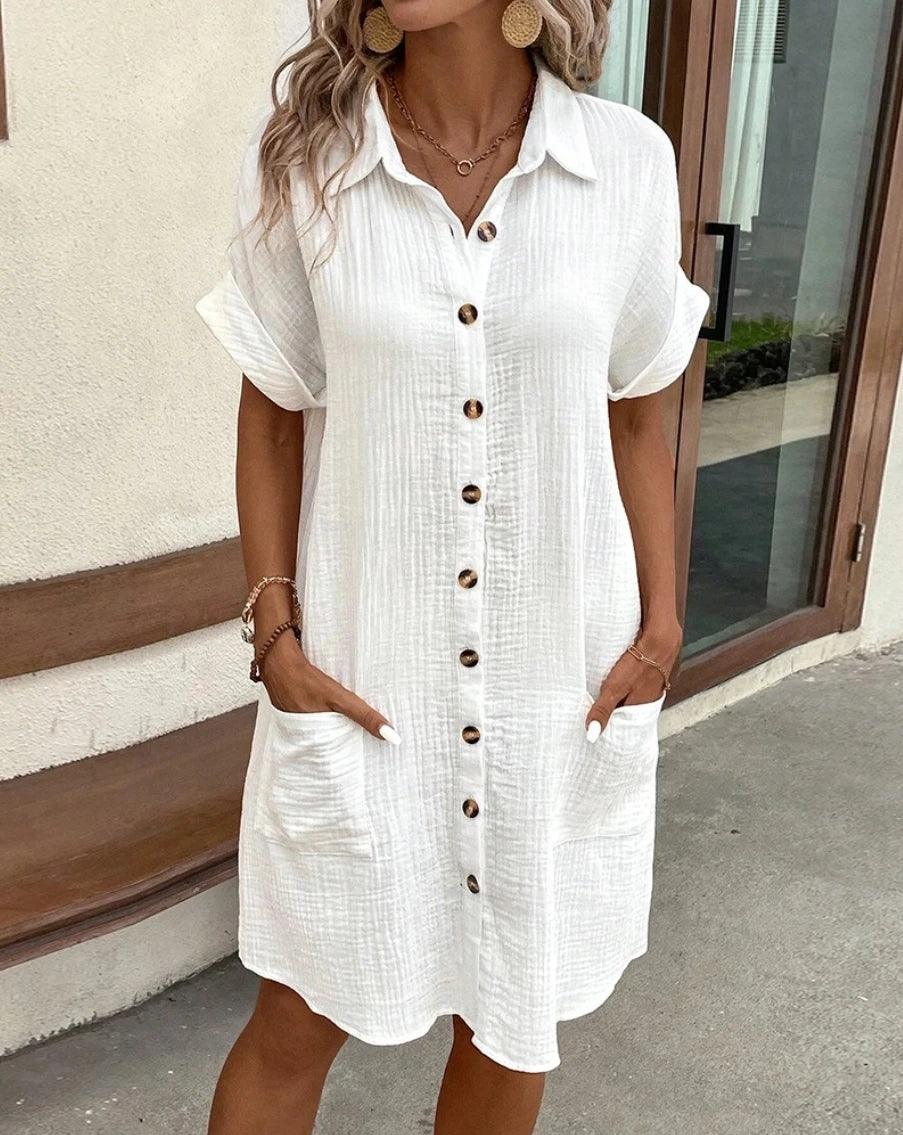 Vintage Women Solid Mini Dress Summer Fashion V-neck Three Quater Sleeve Cotton Linen Dress Ladies Casual Holiday Vestidos - Smarsty