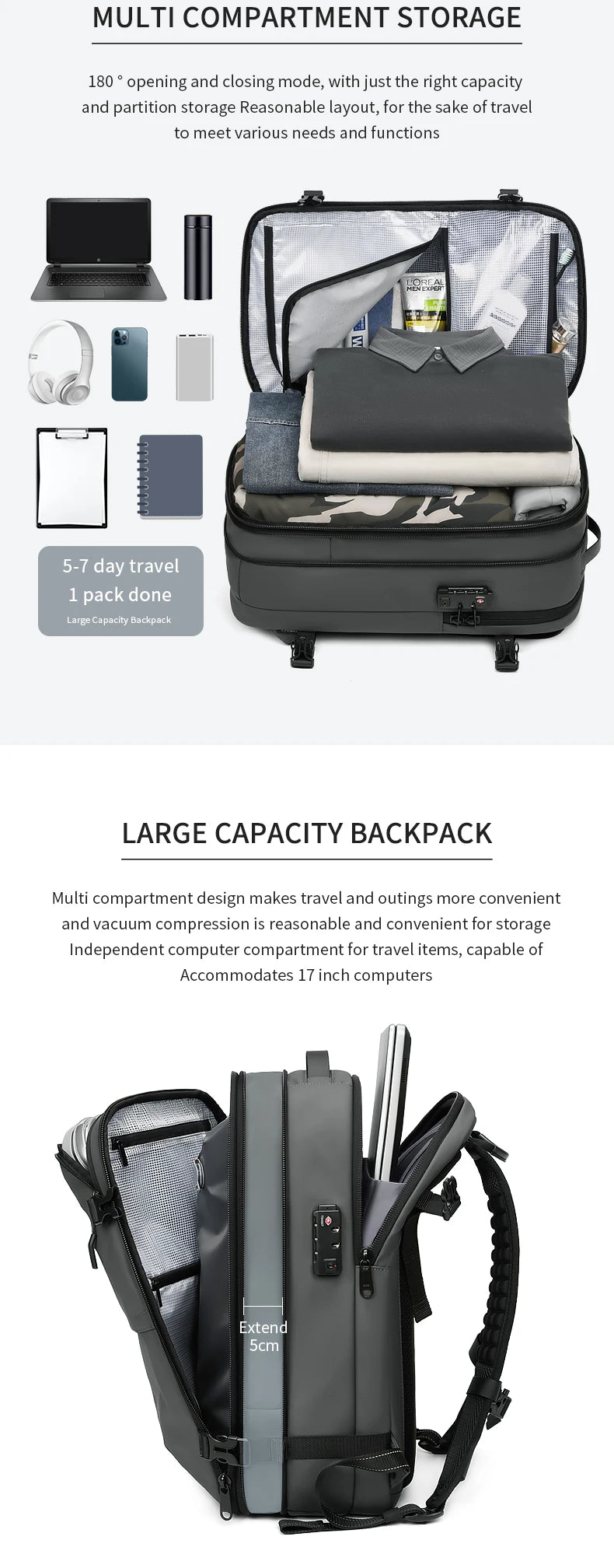 Men Travel Backpack vacuum compression 17 inch Laptop Backpack Business Large Capacity school Backpack Expanded Hiking backpack - Smarsty