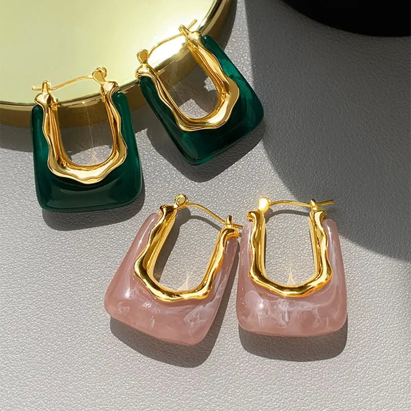 Geometric Resin Earrings in Green and Pink for Women 2023 - Smarsty