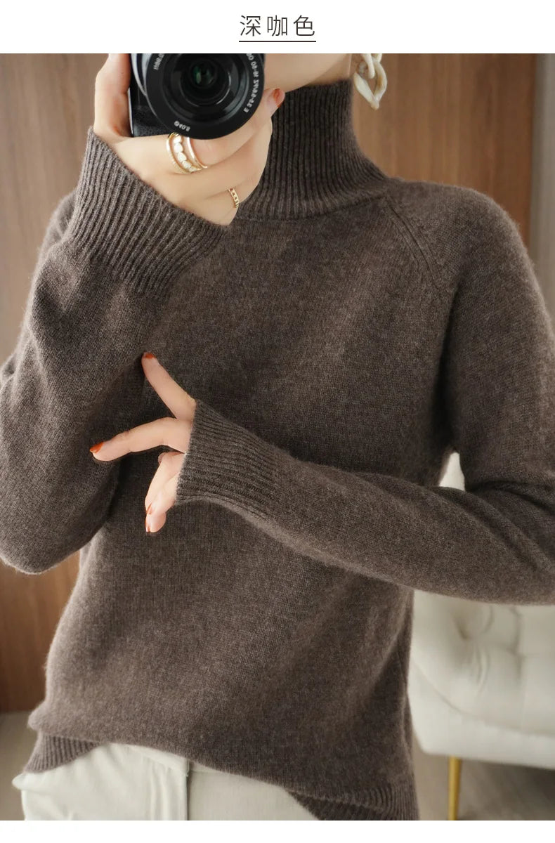 Fashion Basic Autumn Winter Merino Wool Sweater Mock Neck Cashmere Pullover Solid Color Soft Long Sleeve Clothing Tops - Smarsty
