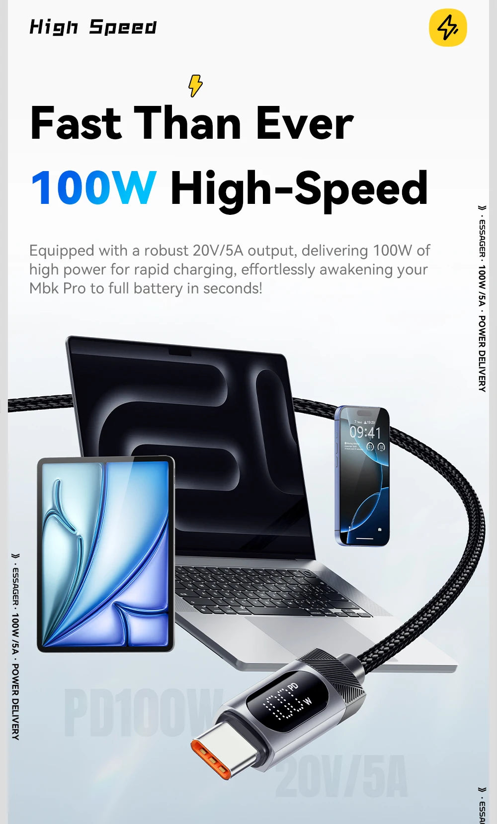 Essager Digital Dispaly USB C Cable For iPhone 17 16 15 Xiaomi Huawei 100W PD Fast Charging For Macbook iPad Type C to C Cable - Smarsty