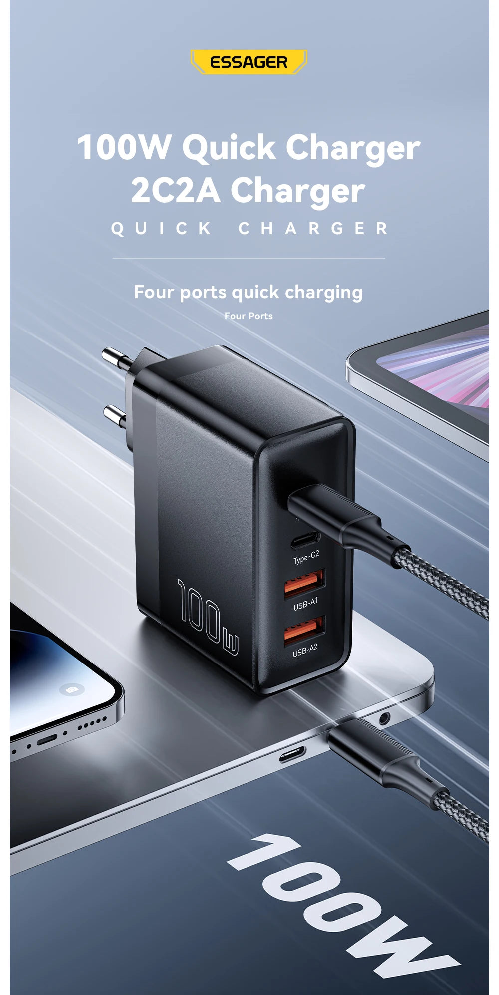 100W GaN USB3 C PD Charger For MacBook USKorea Plug - Smarsty