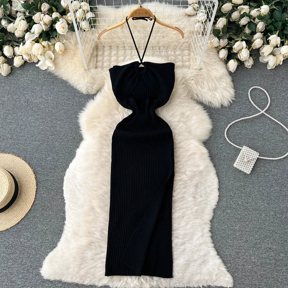 YuooMuoo Chic Fashion Sexy Package Hips Split Knitted Summer Dress 2025 Women Slim Elastic Bodycon Party Dress Streetwear Outfit - Smarsty