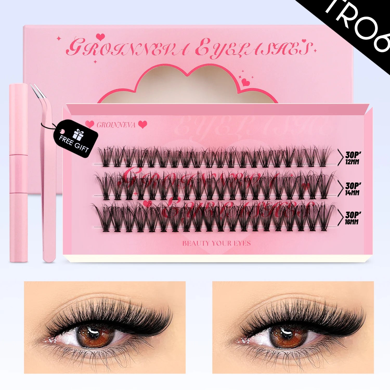 GROINNEYA DIY Lash Clusters Kit Mixed Tray Eyelash Extension Full Set Individual Lashes with Lash Bond&Seal and Tweezers Tool - Smarsty