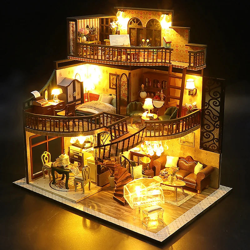 Wooden Doll House 3D Puzzle Assembly Building Model Kit Production Small Room Toys Home Bedroom Decoration With Furniture Light
