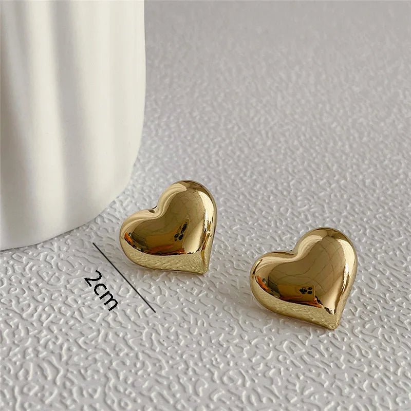 Gold Heart Stud Earrings Minimalist Smooth Bridal Wedding - Smarsty