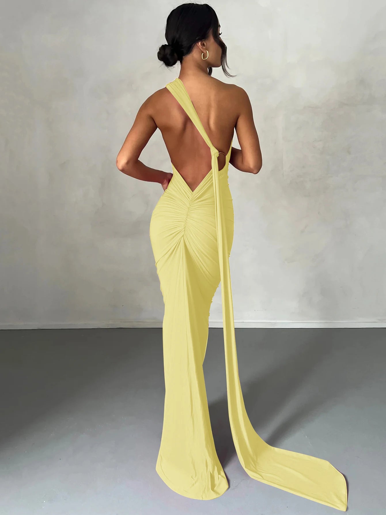 Hugcitar One Shoulder Backless Adjustable Scarf Loop Ruched Sexy Maxi Dress Women Elegant Y2K Streetwear Festival Outfit - Smarsty