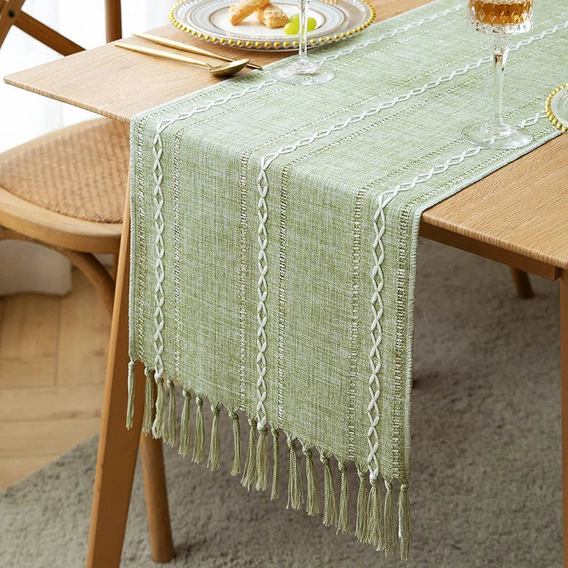 Boho Green Table Runner with Rustic Tassels - Smarsty