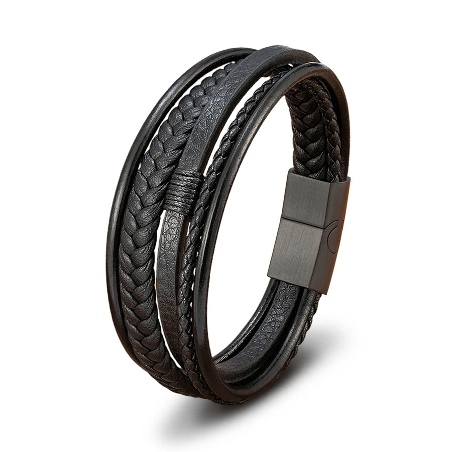 Mens Leather Bracelet Magnetic Buckle Multilayer Bangles - Smarsty