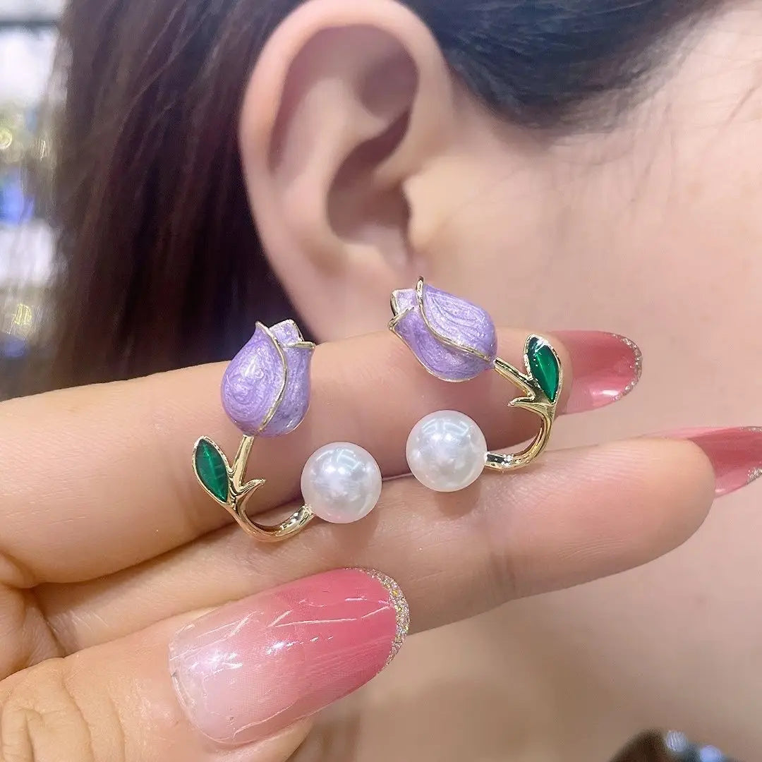 Elegant Rose Stud Earrings With Imitation Pearl Pink Tulip - Smarsty