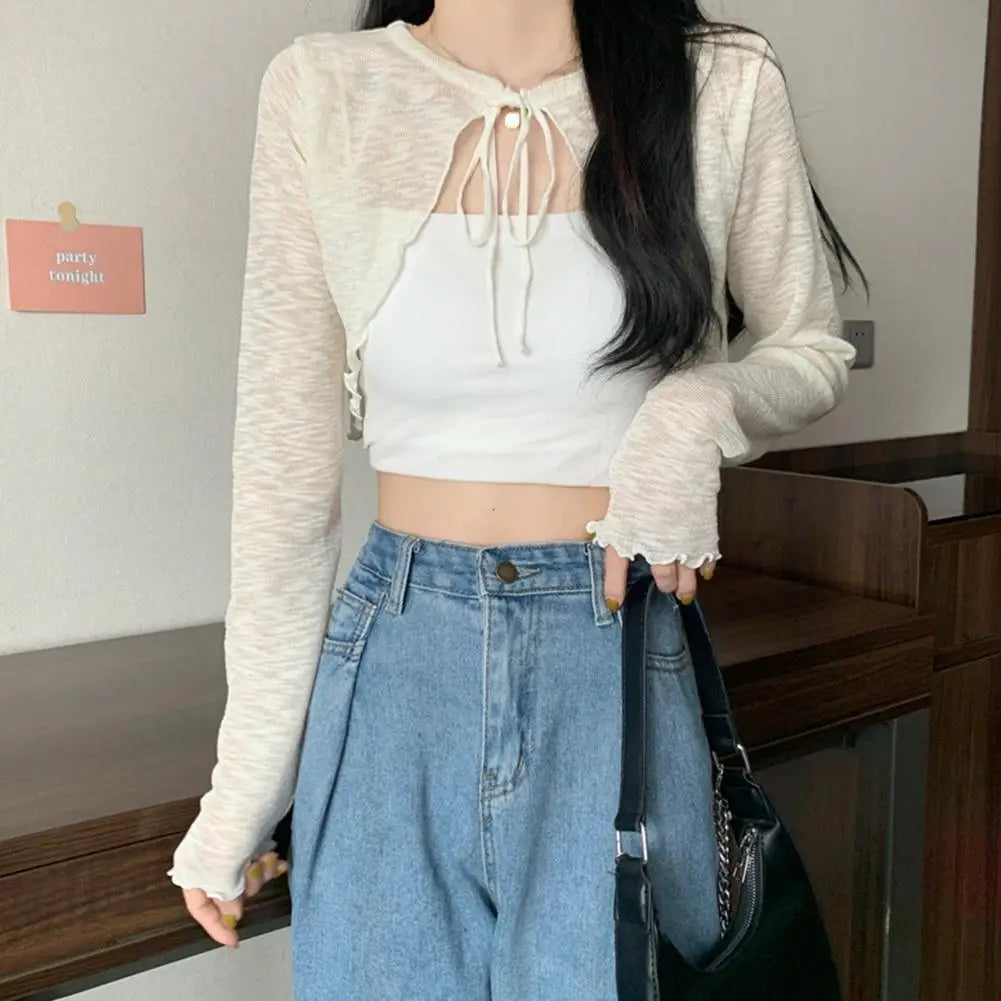 Summer Women Thin Sunscreen Cardigan Lace-up Knitwear Tops Female Korean Style Lantern Sleeve Short Coat Casual Sun Protected - Smarsty