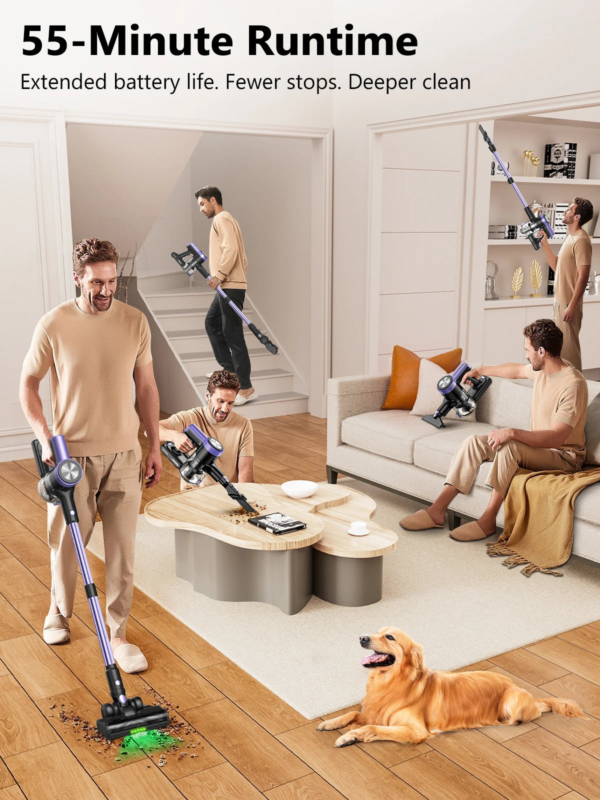 500W/55KPA Self-Standing Cordless Vacuum Cleaner,60 Mins Handheld Vacuum Cleaners,Smart LED Screen Vacuum for Carpet/Pet Hair - Smarsty