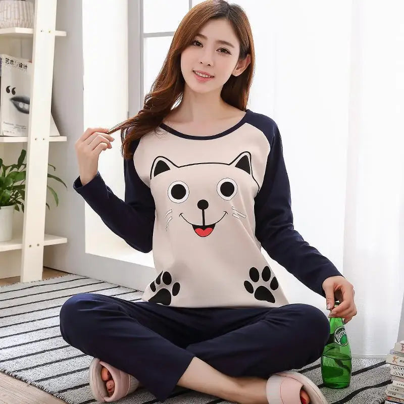 Autumn Thin 2pieces Pyjamas Set Women 2025 Round Neck Girls Bear Pajamas Sets Teacup Cat Full Sleepwear Tops lovers Pajama Mujer - Smarsty