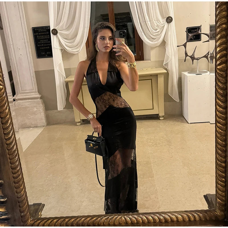 Elegant Lace Halter Dress Women Slim V-neck Backless Evening Long Dresses Woman Sleeveless Vintage Party Robe Lady Spring Summer - Smarsty