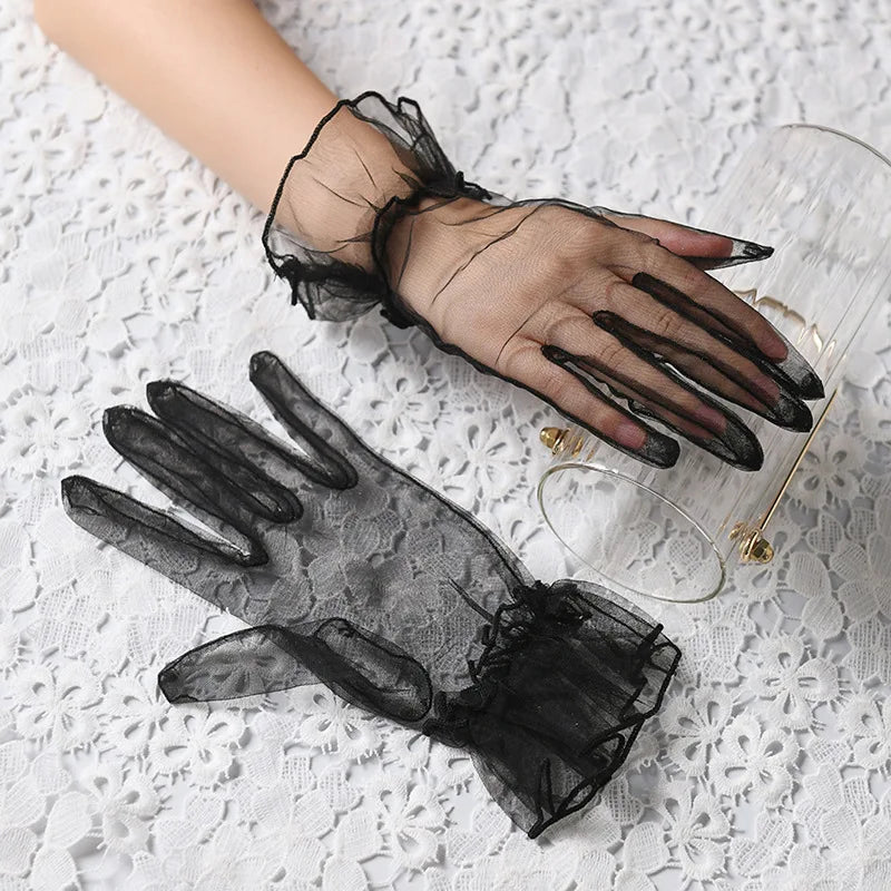 Women Lace Tulle Gloves Stretchy Full Finger Wedding Gloves - Smarsty