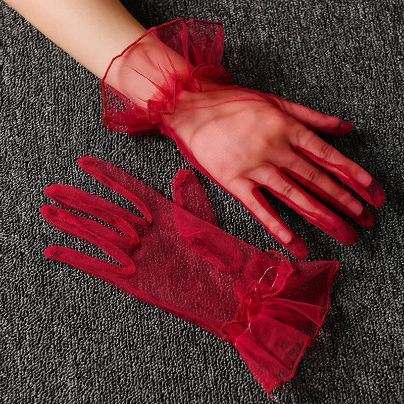 Women Lace Tulle Gloves Stretchy Full Finger Wedding Gloves - Smarsty