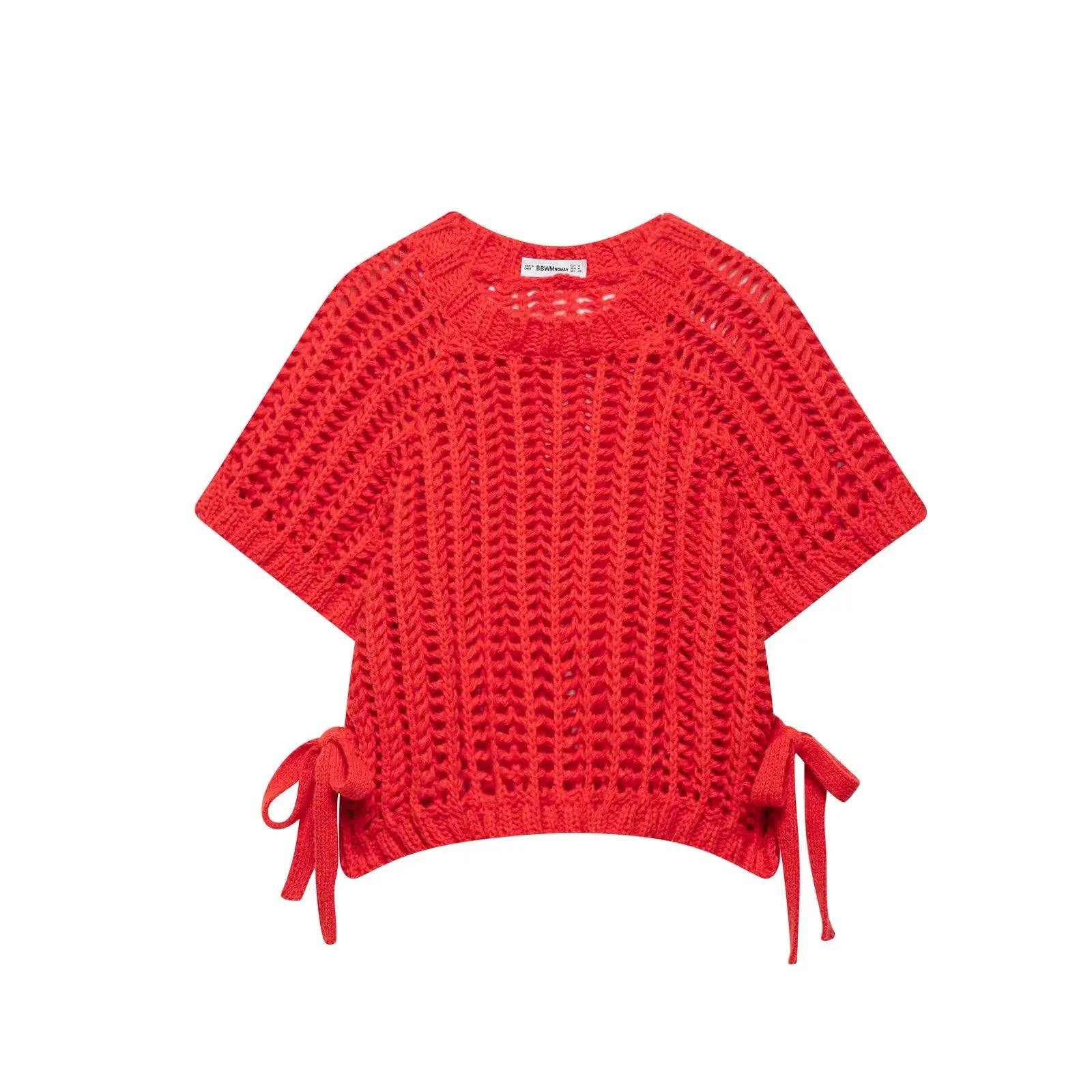Hollow Out Knit Pullover Women Casual Round Neck Lace Up Bow Sweater Female Autumn Short Sleeves Solid Knitwears Lady - Smarsty